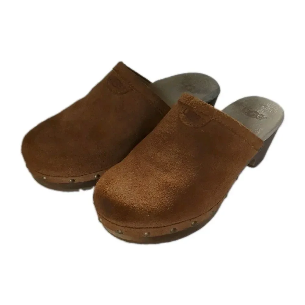 UGG Vintage Girls 13 Tan Suede Heeled Clogs Wood Sole Mules Model 3284 Retro